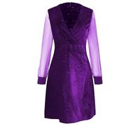 Women's Sparkly Sequin Long Sleeve Mini Dress - Deep V Neck, Sheer Mesh Sleeve - Glitter A-Line Cocktail Party Dress for Wedding Guest, Club Night Out