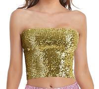 Womens Sparkly Sequin Mermaid Crop Tops, Strapless Metallic Tube Tops for Party Clubwear, Gold, M