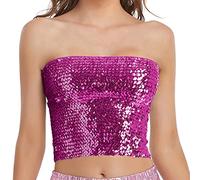 Womens Sparkly Sequin Mermaid Crop Tops, Strapless Metallic Tube Tops for Party Clubwear, Hot Pink, M