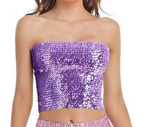 Womens Sparkly Sequin Mermaid Crop Tops, Strapless Metallic Tube Tops for Party Clubwear, Light Purple, One Size