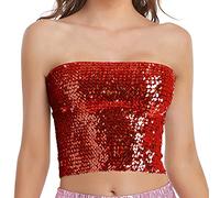 Womens Sparkly Sequin Mermaid Crop Tops, Strapless Metallic Tube Tops for Party Clubwear, Red, One Size