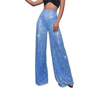 Womens Sparkly Sequin Pants High Waisted Wide Leg Palazzo Bell Bottom Dance Trousers Loose Pull On Sparkle 70s Magic Glitter Disco Party Long Maxi Clubwear Streetwear Sky Blue