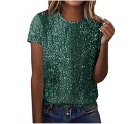 Women's Sparkly Sequin Tops Round Neck Short Sleeve Tshirt Casual Glitter Sparkly Party Wear Silver Festival Outfits Going Out Christmas Blouse Shirts Fashion Lounge Outfits Plus Size Blackish Green