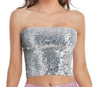 Womens Sparkly Sequin Tube Top Stretchy Slim Fit Non-Padded Glitter Bandeau Bra Classic Strapless Rave Camisole Crop Tank Top 70s Disco Dance Evening Party Night Clubwear