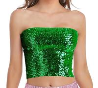 Womens Sparkly Sequin Tube Top Stretchy Slim Fit Non-Padded Glitter Bandeau Bra Classic Strapless Rave Camisole Crop Tank Top 70s Disco Dance Evening Party Night Clubwear Green