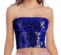 Womens Sparkly Sequin Tube Top Stretchy Slim Fit Non-Padded Glitter Bandeau Bra Classic Strapless Rave Camisole Crop Tank Top 70s Disco Dance Evening Party Night Clubwear