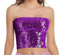 Womens Sparkly Sequin Tube Top Stretchy Slim Fit Non-Padded Glitter Bandeau Bra Classic Strapless Rave Camisole Crop Tank Top 70s Disco Dance Evening Party Night Clubwear Purple