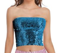 Womens Sparkly Sequin Tube Top Stretchy Slim Fit Non-Padded Glitter Bandeau Bra Classic Strapless Rave Camisole Crop Tank Top 70s Disco Dance Evening Party Night Clubwear Sky Blue