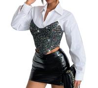 Women's Sparkly Sequined/Lace Embroidery Corset Tops - Sexy Deep V Sleeveless Crop Top Vest - Adjustable Spaghetti Straps Backless Tank Top - Ladies Rave Party Clubwear Festival Outfits