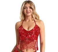 Womens Sparkly Sequins Belly Dance Bra Halter Crop Top Glitter Lace-up Bra Metallic Party Club Tassel Fringe Tank Top Bling Festival Outfit Tassel Cami Costume for Clubwear Ballet Dance Rave