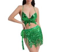 Women's Sparkly Sequins Tassels Two Piece Set: Butterfly Front Halter Tie Up Crop Bra Top with Adjustable Back Up and Mini Skirt, Belly Dance Outfit for Latin Party Carnival Festival Stage Costume