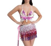 Women's Sparkly Sequins Tassels Two Piece Set: Butterfly Front Halter Tie Up Crop Bra Top with Adjustable Back Up and Mini Skirt, Belly Dance Outfit for Latin Party Carnival Festival Stage Costume
