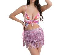 Women's Sparkly Sequins Tassels Two Piece Set: Butterfly Front Halter Tie Up Crop Bra Top with Adjustable Back Up and Mini Skirt, Belly Dance Outfit for Latin Party Carnival Festival Stage Costume