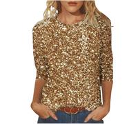 Womens Sparkly Tops Crew Neck Three Quarter Sleeve T-Shirt Casual Sparkly Blouse for Ladies Club Night New Year & Holiday Tees High-Shine Sequin Outfit for Party-Ready Looks Multicolor