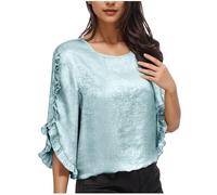 Women's Sparkly Tops UK Elegant Flutter Sleeve 3/4 Sequin Blouses Plain Crew Neck Sparkle Shiny T-Shirt Asymmetric Business Casual Going Out Tee Shirts Party Work Spring Outfits for Ladies Light Blue