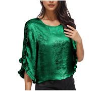 Women's Sparkly Tops UK Elegant Flutter Sleeve 3/4 Sequin Blouses Plain Crew Neck Sparkle Shiny T-Shirt Asymmetric Business Casual Going Out Tee Shirts Party Work Spring Outfits for Ladies Green