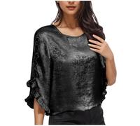 Women's Sparkly Tops UK Elegant Flutter Sleeve 3/4 Sequin Blouses Plain Crew Neck Sparkle Shiny T-Shirt Asymmetric Business Casual Going Out Tee Shirts Party Work Spring Outfits for Ladies Black