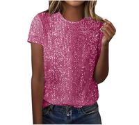 Women's Sparkly Tops UK Elegant Short Sleeve Sequin Blouses Shimmer Glitter Plain Color Sparkle Shiny T-Shirt Casual Going Out Tee Shirts Evening Party Disco Club Spring Outfits Ladies