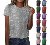 Women's Sparkly Tops UK Elegant Short Sleeve Sequin Blouses Shimmer Glitter Plain Color Sparkle Shiny T-Shirt Casual Going Out Tee Shirts Evening Party Disco Club Spring Outfits Ladies