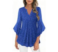 Women's Sparkly Tops UK, Ladies Sequin Tops Going Out V Neck Sparkling Shiny Ruffle 3/4 Sleeve Blouses Chiffon Glitter Shirts Elegant Tee Tunic Top Flowy Evening Party Cocktail T-Shirt