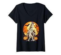 Women's Sparrow As Witch On Mummy Halloween Horror Carved Pumpkins V-Neck T-Shirt
