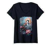 Womens Sparrow Bird Surrounded by Floral Petals Feathers Exotic V-Neck T-Shirt