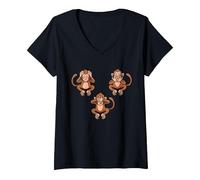 Women's Speak, Hear & See no Evil Three Monkeys Wise Monkey V-Neck T-Shirt, Black, XX-Large