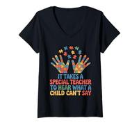 Women's Special Teacher Retro Autism Awareness Support Puzzle Hands V-Neck T-Shirt