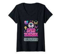 Women's SPED Teacher Fierce Advocate Rainbow Inclusion Graphic V-Neck T-Shirt