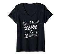 Womens Speed Freak At Heart Checkered Flag Racing Track Race V-Neck T-Shirt