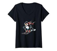 Womens Speedy Skiing Penguin with Red Cape Mascot Alpine V-Neck T-Shirt