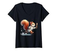 Women's Speedy Squirrel Athlete Bat Playful Cartoon Design V-Neck T-Shirt