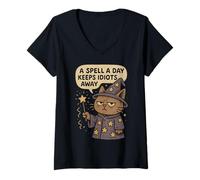 Womens Spell A Day Idiots Away Sarcastic Wizard Cat Funny Graphic V-Neck T-Shirt