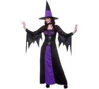 Women's Spellbound Witch Costume - Purple and Black Long Dress with Witch Hat for Halloween Cosplay, Carnival, Theme Parties