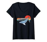 Womens Sperm Whale Humpback Whale Retro Sunset V-Neck T-Shirt