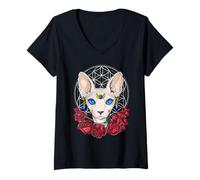 Womens Sphynx Cat Hairless Cat Sacred Geometry Floral V-Neck T-Shirt