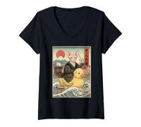 Women's Sphynx Cat Ninja Japan Vintage Japanese Ukiyo-e Art V-Neck T-Shirt