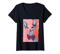 Women's Sphynx Cat Pop Art Bow Tie Illustration V-Neck T-Shirt