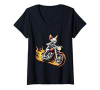 Womens Sphynx Cat Riding a Motorcycle Design Funny Sphynx Cat V-Neck T-Shirt
