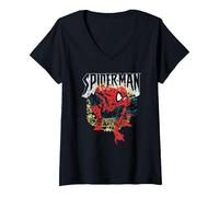 Women's Spider-Man Crouching Pose V-Neck T-Shirt, Black, X-Large