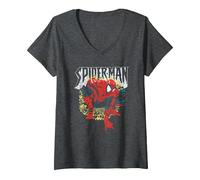 Women's Spider-Man Crouching Pose V-Neck T-Shirt, Dark Heather Grey, XX-Large