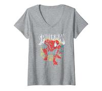 Women's Spider-Man Crouching Pose V-Neck T-Shirt, Heather Grey, Medium
