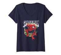 Women's Spider-Man Crouching Pose V-Neck T-Shirt, Navy Blue, Small
