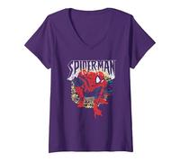 Women's Spider-Man Crouching Pose V-Neck T-Shirt, Purple, X-Large