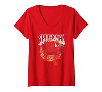 Women's Spider-Man Crouching Pose V-Neck T-Shirt, Red, Small