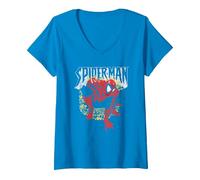 Women's Spider-Man Crouching Pose V-Neck T-Shirt, Sapphire Blue, X-Large