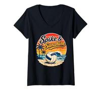 Women's Spike and Sunshine Beach Volleyball Tropical Summer V-Neck T-Shirt