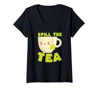 Women's Spill The Tea Kawaii Teacup Funny Gossip Lover V-Neck T-Shirt