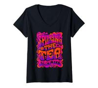 Women's Spilling The Tea Since 1773 Groovy Vintage 70s Retro V-Neck T-Shirt