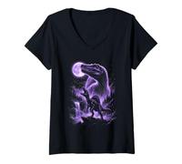 Women's Spinosaurus Silhouette Mystical Moon Dinosaur V-Neck T-Shirt